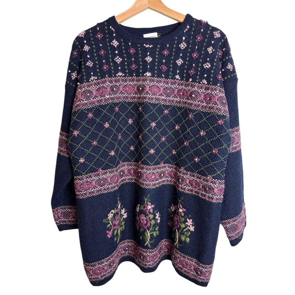 Laura Ashley Sweater Navy Blue Women Large 100% Wool Floral Embroidered Vintage